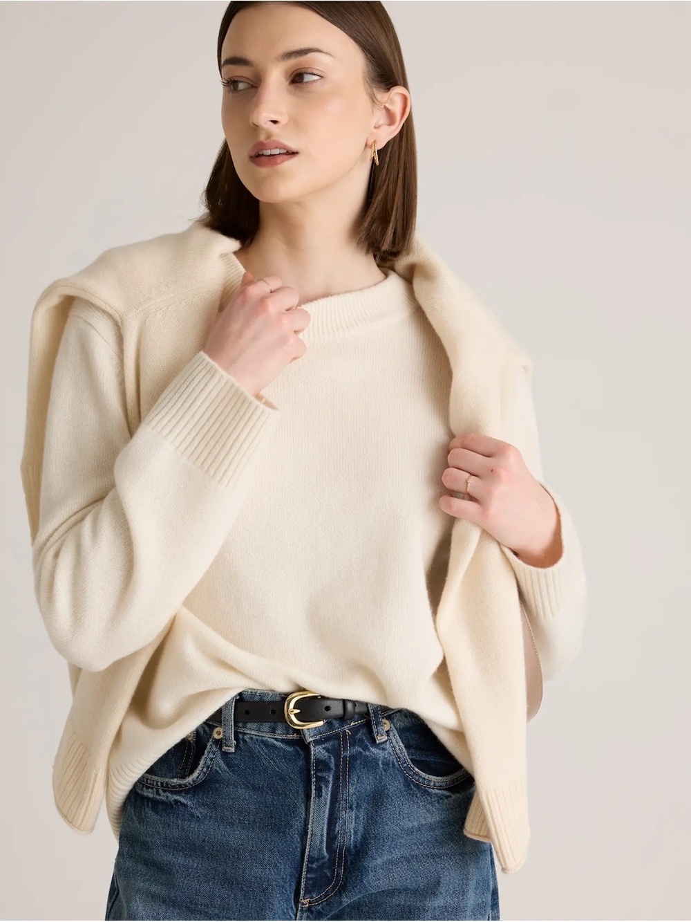 Quince Mongolian Cream Crewneck Sweater - Soft Lightweight Knit